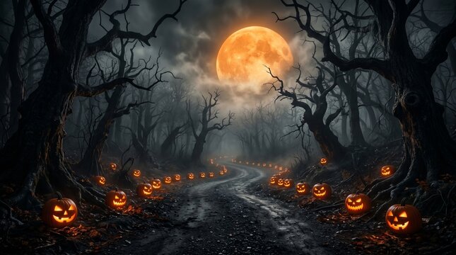 Spooky halloween night background with jack o' lanterns and full moon