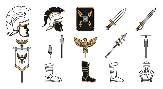 Historical roman soldier and equipment illustrations set for design