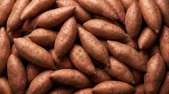 A dense pile of raw orange sweet potatoes with visible skin texture and small root hairs root vegetable