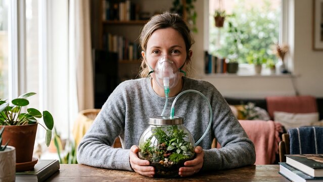 Woman wearing oxygen mask inhaling fresh air from a glass plant terrarium