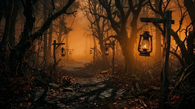 Spooky halloween night background forest path with glowing lanterns and fog