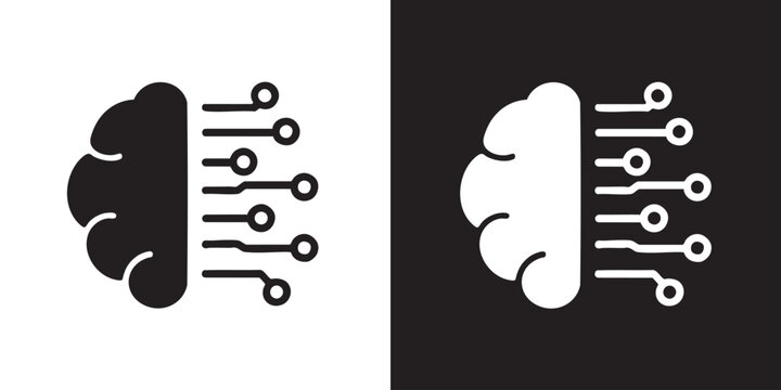 Minimalist Icon of Brain and Circuit Pattern - Modern Artificial Intelligence Symbol, Cognitive Technology Machine Learning, and Digital Neuroscience Concept Vector