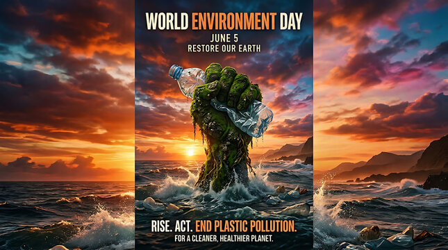 World environment day poster with moss covered fist crushing plastic bottle