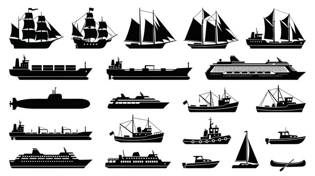 Collection of Diverse Ship Silhouettes and Watercraft Vessels.