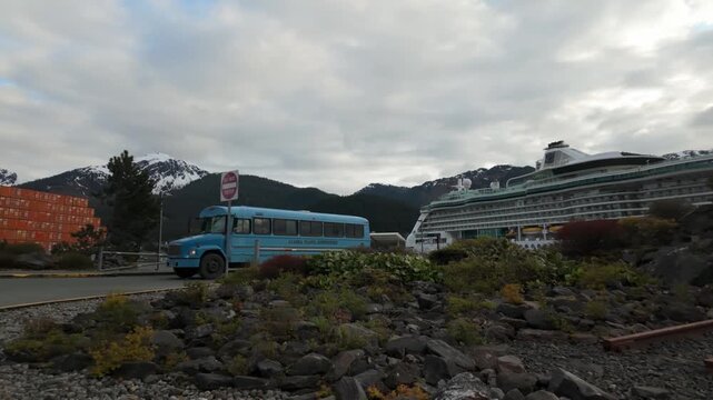 Shuttle buses transport cruise guests from AJ Dock to downtown Juneau, offering a quick, convenient link between port and city. The short ride passes scenic waterfront views and local landmarks