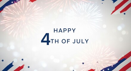 Fototapeta premium Happy 4th of July greeting with fireworks and American flag elements in a festive celebration design, patriotic holiday background with copy space for text and messages.