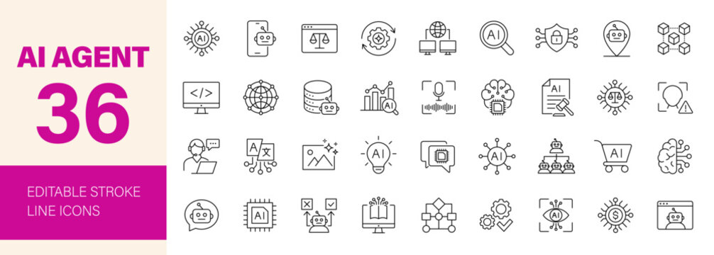 AI Agent icon set. Editable line icons. Vector illustration.