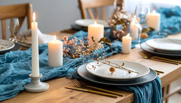 Elegant dinner table with candles set.