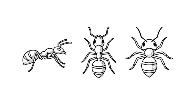 Detailed black and white illustrations of three ant species.