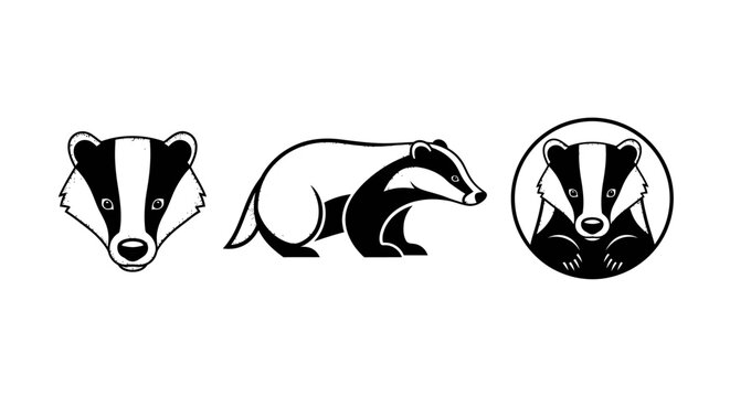Detailed black and white badger illustration set with variations.