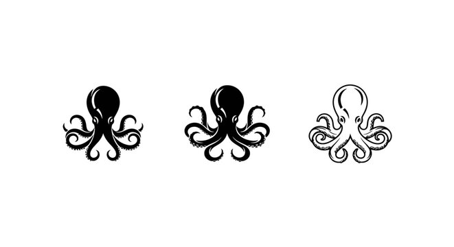Three artistic octopus illustrations with intricate tentacles.