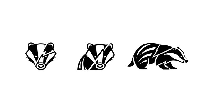 Three black and white stylized badger illustrations set.