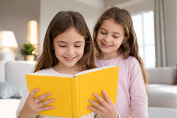 Obraz premium Happy Girls Reading Book Together as Childhood Literacy and Learning Development Concept 
