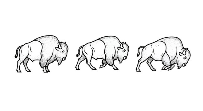 Illustration of Three Walking Buffalo Line Art Style.