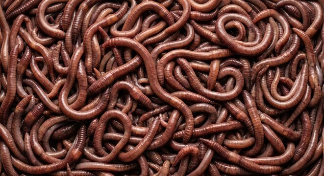 A dense pile of wriggling earthworms with segmented brown bodies and a wet glistening texture filling the entire frame