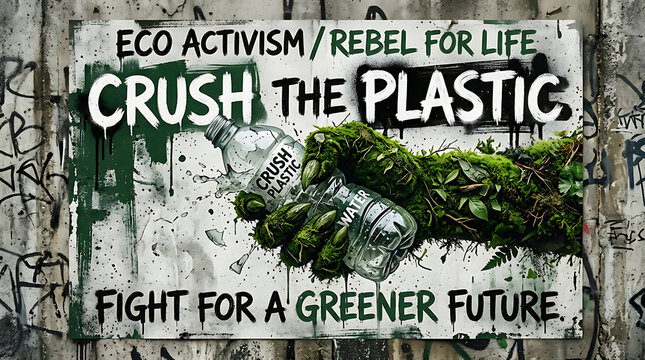 Eco activism protest sign featuring a moss covered fist crushing a plastic