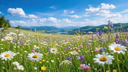 Obraz premium Wildflower meadow blooming under blue sky in mountain valley
