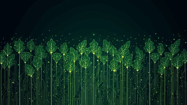 Template vector Computer circuits that grow like tree roots or monstera leaves that have a luminous optical fiber pattern with flat design