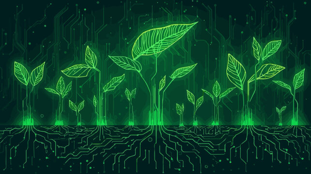 Template vector Computer circuits that grow like tree roots or monstera leaves that have a luminous optical fiber pattern with flat design