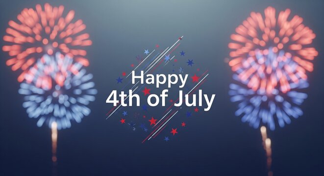 Happy 4th of July greeting with red and blue fireworks exploding in a dark night sky with abstract star and line graphics in a celebratory patriotic theme
