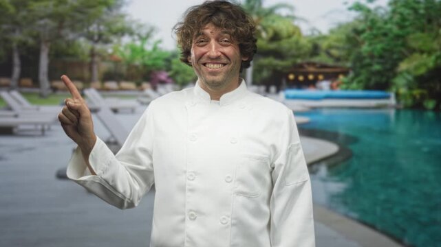 Hispanic man chef smiling and points index finger upward beside resort pool at building, wearing white chef jacket and gesturing to idea; friendly welcome.