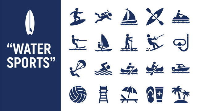 Set of blue water sports icons featuring various aquatic activities and summer beach vacation gear