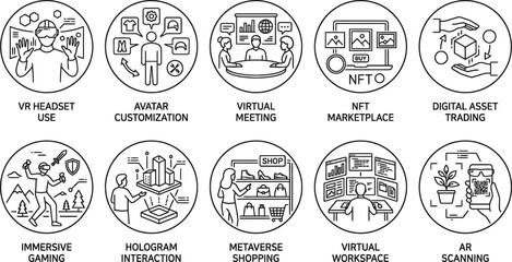 Obraz premium Metaverse Virtual Reality Micro Activity Icons Pack VR Avatar NFT Hologram AR Immersive Digital Workspace UI Line Vector Design