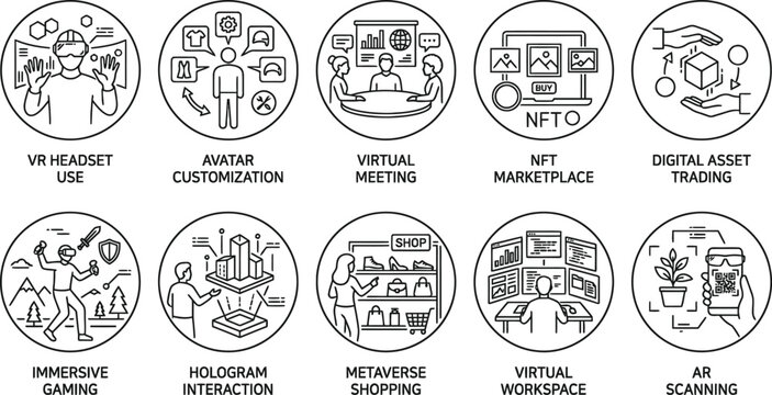 Metaverse Virtual Reality Micro Activity Icons Pack VR Avatar NFT Hologram AR Immersive Digital Workspace UI Line Vector Design