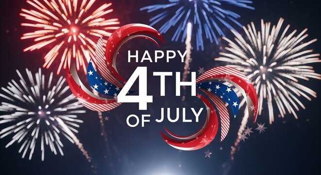 Happy 4th of July text with patriotic swirling ribbons and colorful fireworks exploding in the night sky, celebrating American Independence Day with festive illumination and vibrant bursts of light.