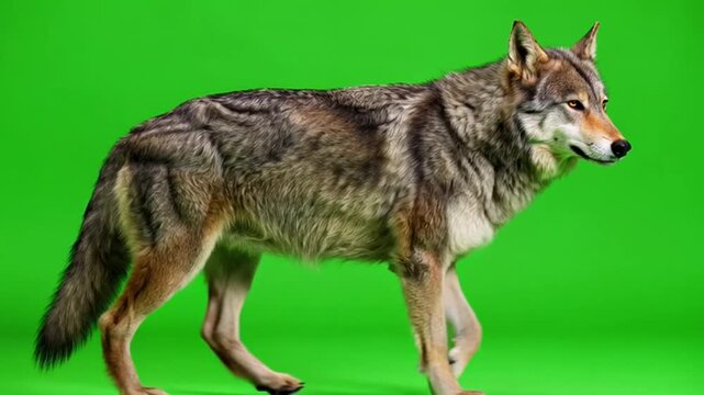 Gray wolf walking in profile against a green screen background