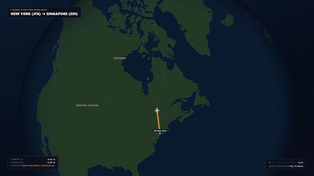 Global Flight Route Map Animation from New York City USA JFK Airport to Singapore SIN Changi Airport for Aviation and Travel Agency Promo Background Asset