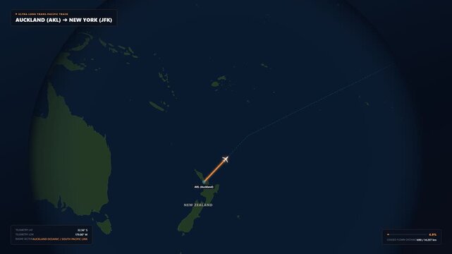 Ultra Long Trans Pacific Flight Route Map Animation from Auckland New Zealand AKL Airport to New York City USA JFK Airport for Aviation and Travel Promo Asset