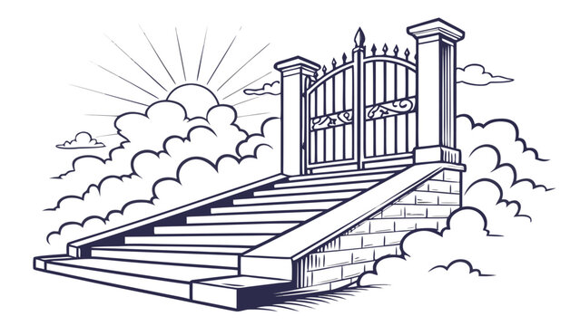 Vector illustration of an ornate gate at the top of a stone staircase leading into clouds with staircase