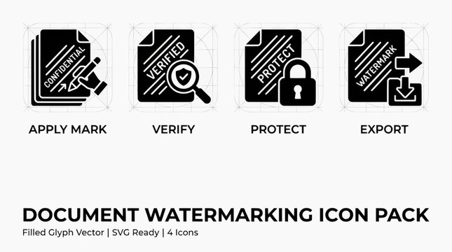 Vector glyph icon set illustrating essential steps for securing digital files applying marks, verifying authenticity, protecting content, and exporting documents securely