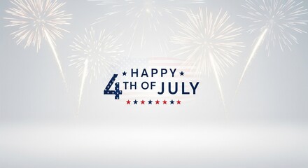 Fototapeta premium Happy 4th of July text with American flag and fireworks celebration graphic design on a light gray background with copy space for holiday greetings and announcements