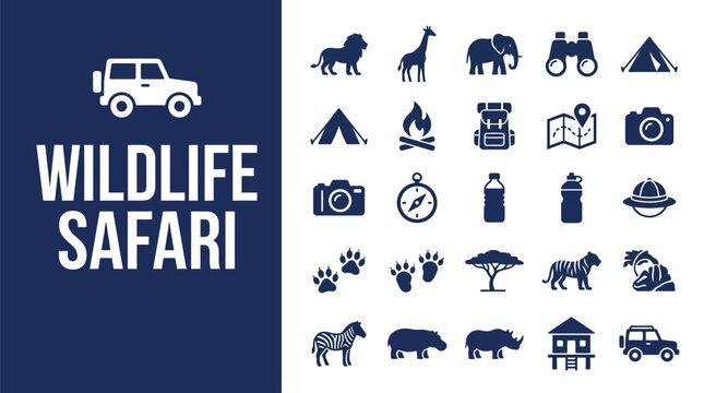 Set of blue minimalist wildlife safari icons featuring various African animals adventure equipment travel gear and camping supplies displayed