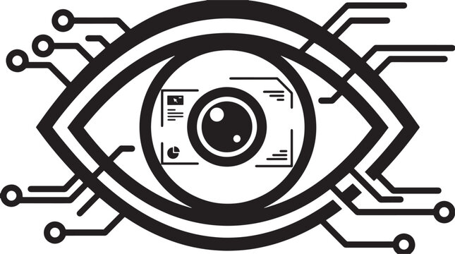 Eye shaped digital sensor connected to electronic circuits visualizes the concept of advanced surveillance and secure data.