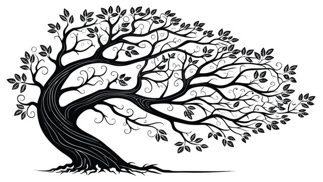 Vector illustration of a windswept gnarled tree hand-drawn in ink with windswept illustration branches