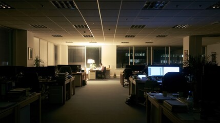 Fototapeta premium Dark Office Floor with Single Lit Workstation