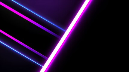 Obraz premium Minimal Cyberpunk Neon Light Strips Background with Glowing Pink and Blue Diagonal Laser Beams on Pitch Black Overlay