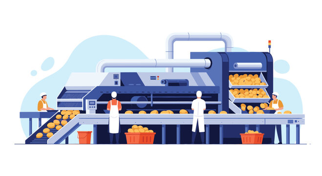 Industrial potato processing factory features several workers in white aprons sorting and cleaning potatoes on a large conveyor belt line.
