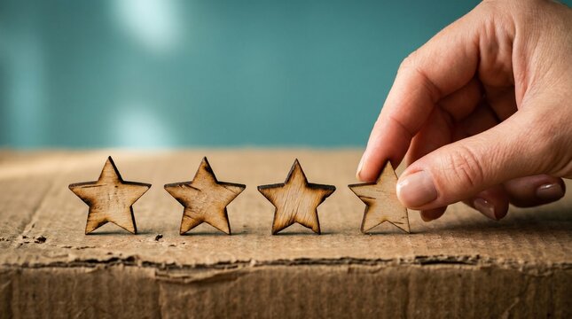 Four Stars of Excellence: A hand places the final wooden star, completing a four-star rating, symbolizing a high level of customer satisfaction and a job well done.
