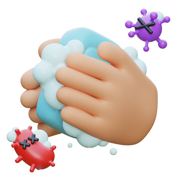 3D Render of Washing Hands with Soap Eradicating Bacteria and Viruses