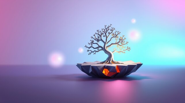 Minimalist tree sits atop polygonal platform. Soft lighting creates dreamy, ethereal mood. Gradient background adds depth.
