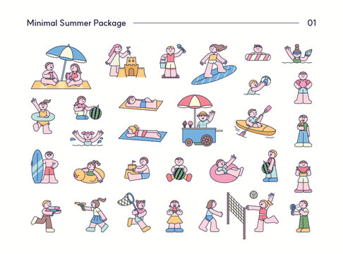 Cute minimal summer activity icon set with people enjoying beach vacations, swimming, surfing, kayaking, watermelon, ice cream, and outdoor leisure in pastel flat vector style.