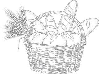 Fototapeta premium Wicker basket overflowing with fresh bread and wheat stalks, line