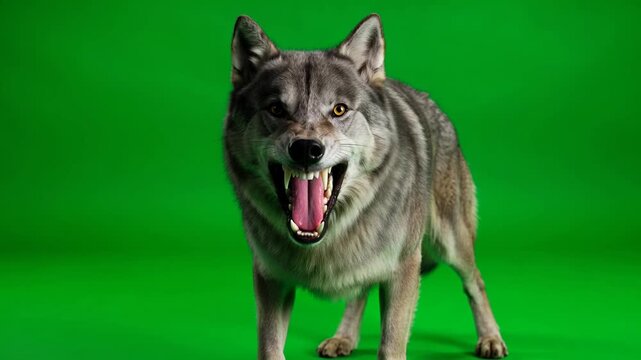 Aggressive gray wolf snarling with open mouth and sharp fangs on a green screen background