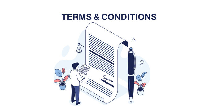 User reading giant document for terms and conditions agreement with scales and pen in minimalist flat design style.