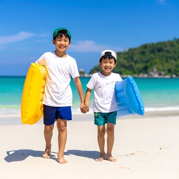 Two boys holding boogie boards beach.