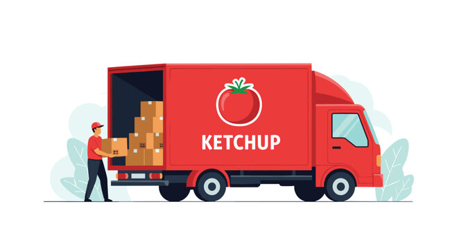 Delivery driver loading boxes into a red commercial truck featuring a large tomato and ketchup logo for food transport.